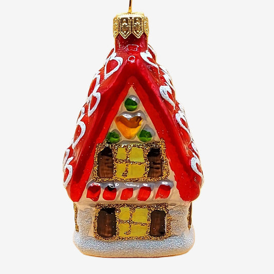 Vintage Czech Republic, Glass Blown, Hand Painted Christmas Tree Ornament - Ginger Bread House