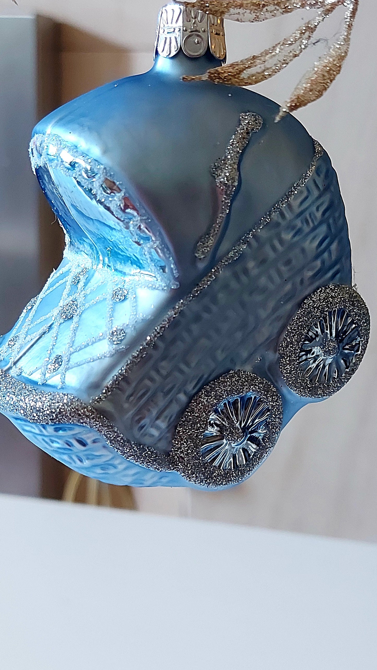 Vintage Czech Republic, Glass Blown, Hand Painted Christmas Tree Ornament - Blue Pram