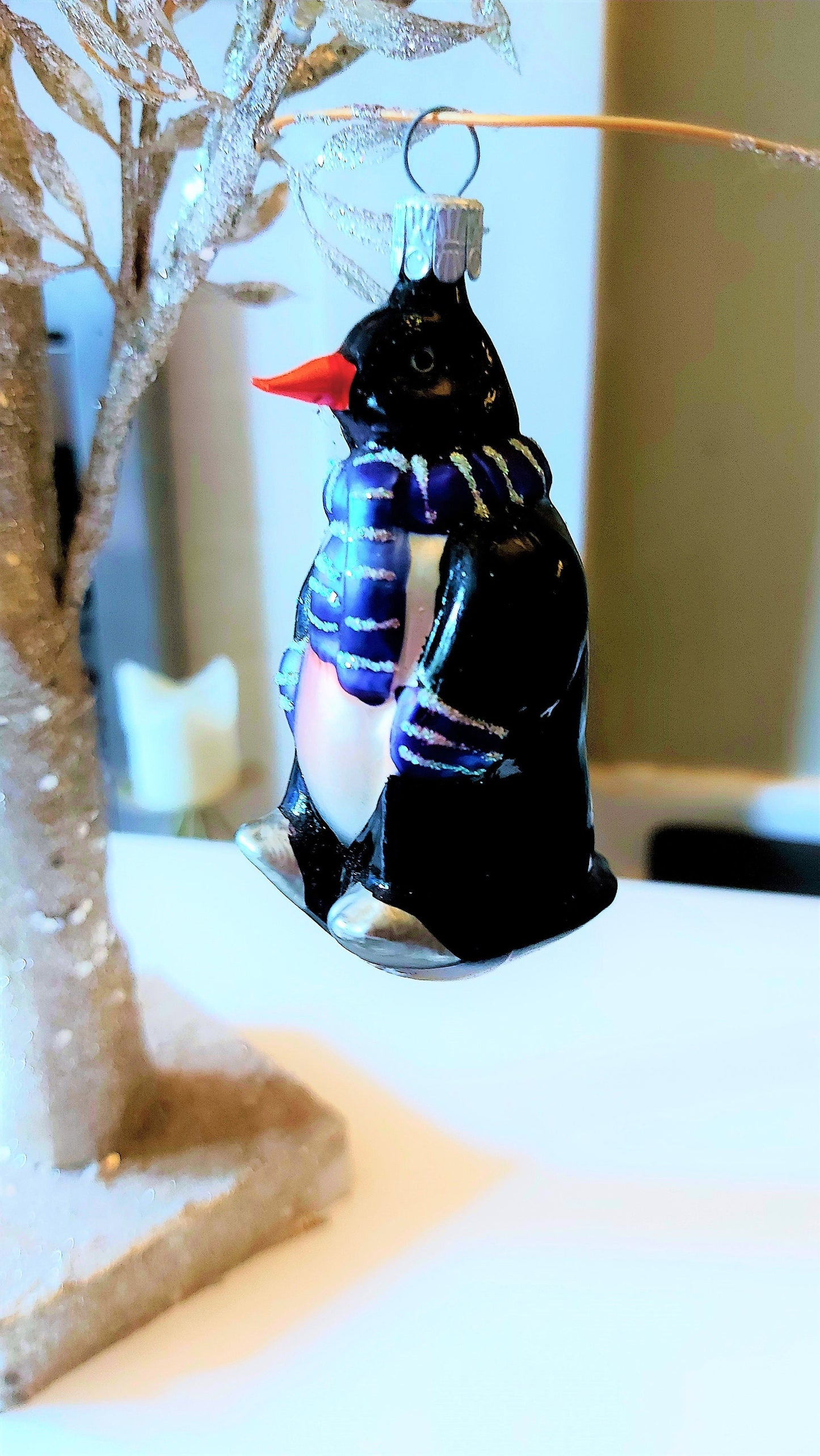 Vintage Hand Painted Glass Penguin Christmas Ornament - Czech Republic