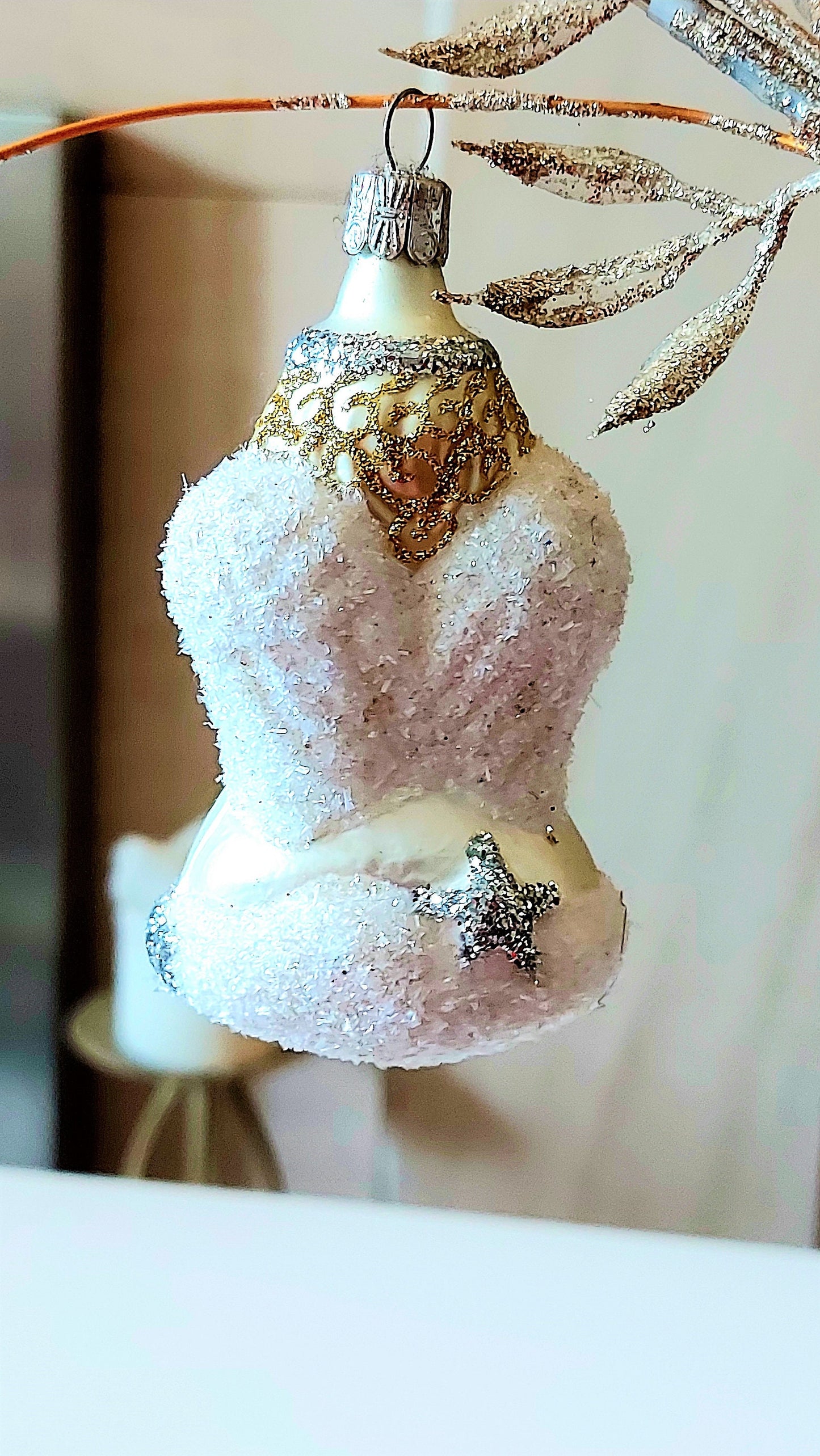 Vintage Czech Republic, Glass Blown, Hand Painted Christmas Tree Ornament - Angel