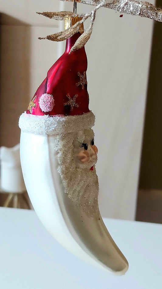 Vintage Czech Republic, Glass Blown, Hand Painted Christmas Tree Ornament - Large Moon