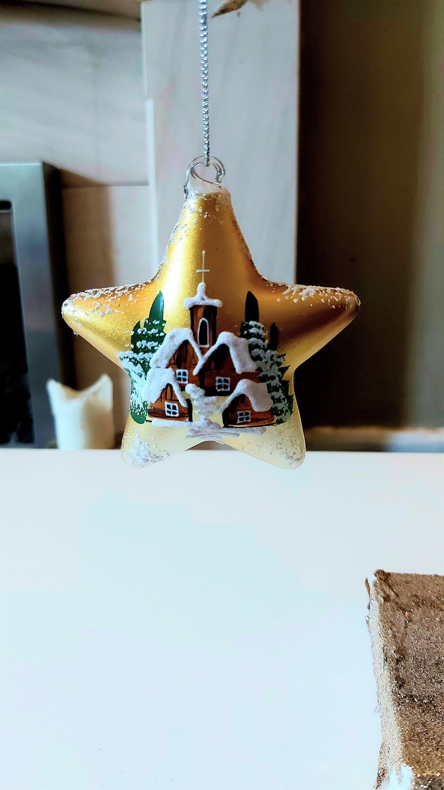Vintage Czech Glass Christmas Ornament: Hand-Painted Gold Star, House Motif