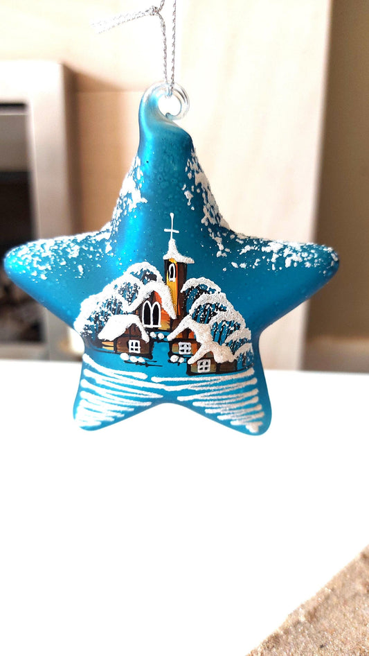Vintage Czech Glass Christmas Ornament: Hand-Painted Blue Star, House Motif