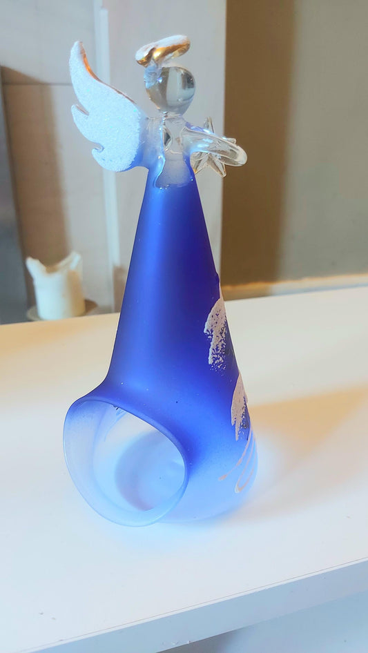 Czech Hand-Painted Glass Angel Christmas Ornament: Blue Village Candle Holder