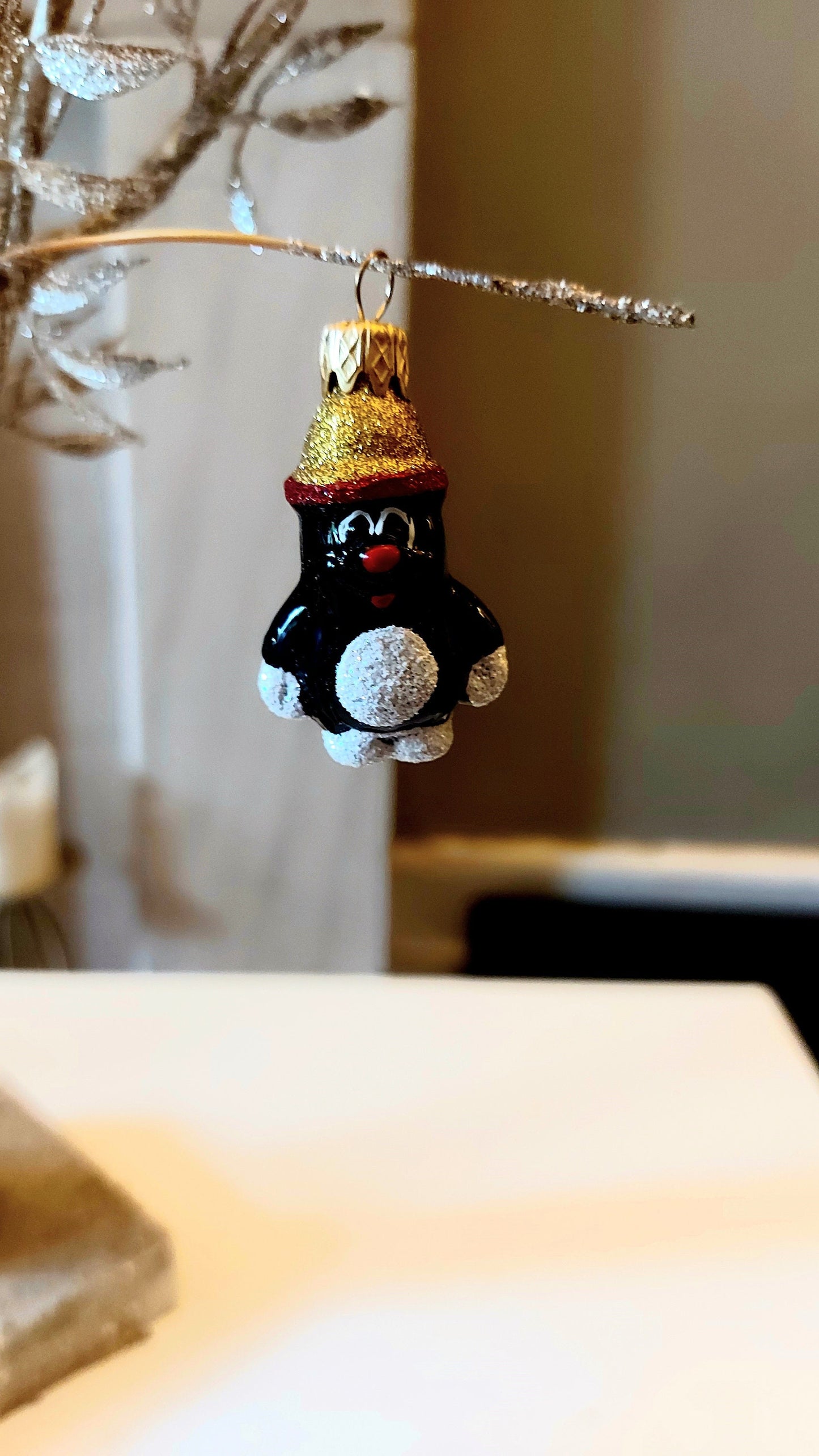 Vintage Czech Republic, Glass Blown, Hand Painted Christmas Tree Ornament - penguin a pair ( x 2 )