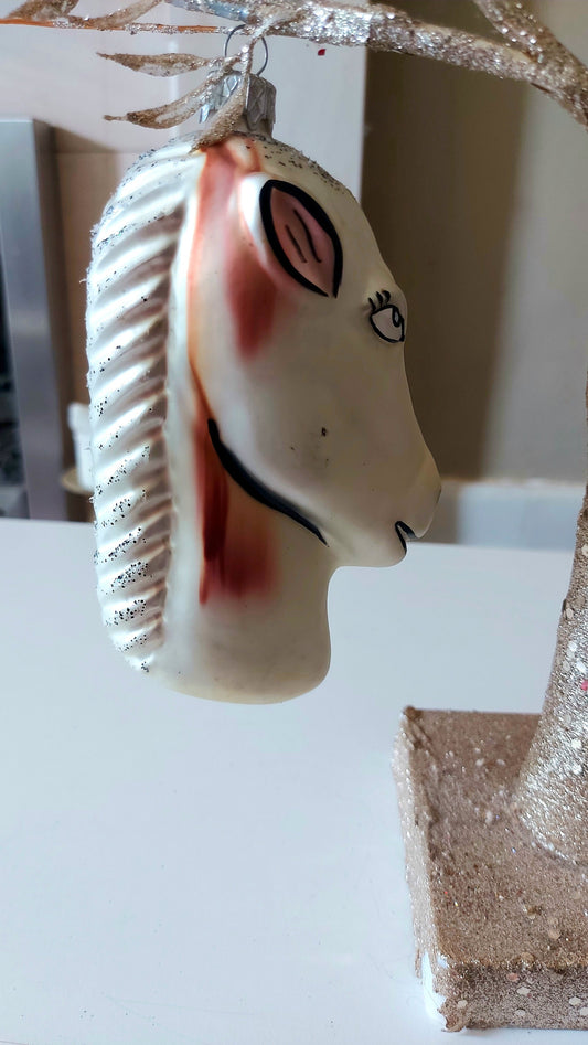 Vintage Czech Republic, Glass Blown, Hand Painted Christmas Tree Ornament - Horse Head