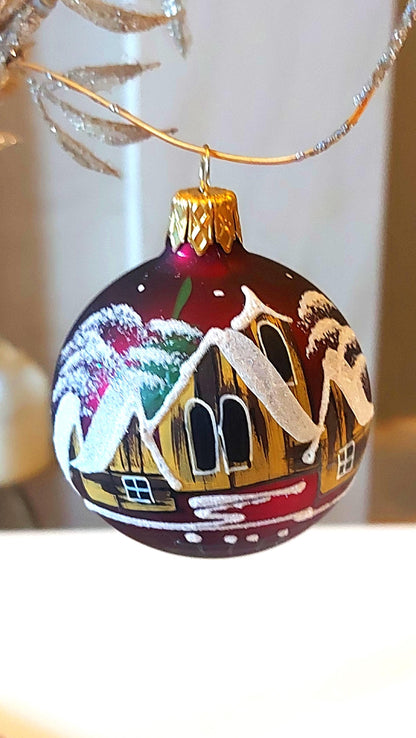 Vintage Czech Glass Christmas Ornament: Hand-Painted Maroon Small Ball