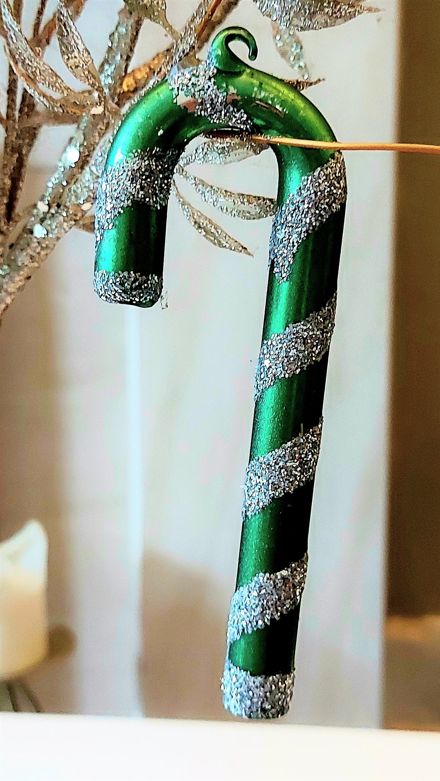Vintage Czech Republic, Glass Blown, Hand Painted Christmas Tree Ornament - Small  Candy Cane