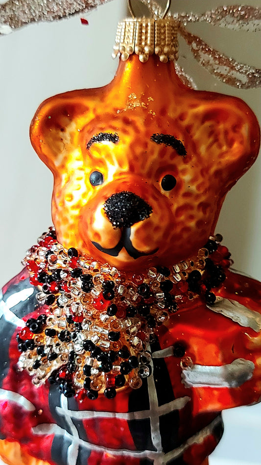 Vintage Czech Republic, Glass Blown, Hand Painted Christmas Tree Ornament - Large Teddy Bear