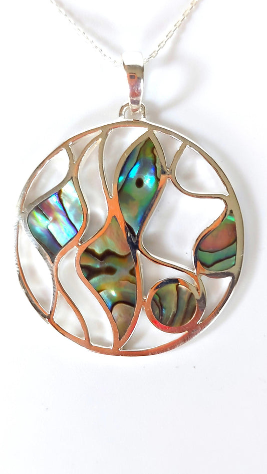 Silver Handmade Inlay Pendant/Earring Set Semi Precious Abalone Shell- Multi