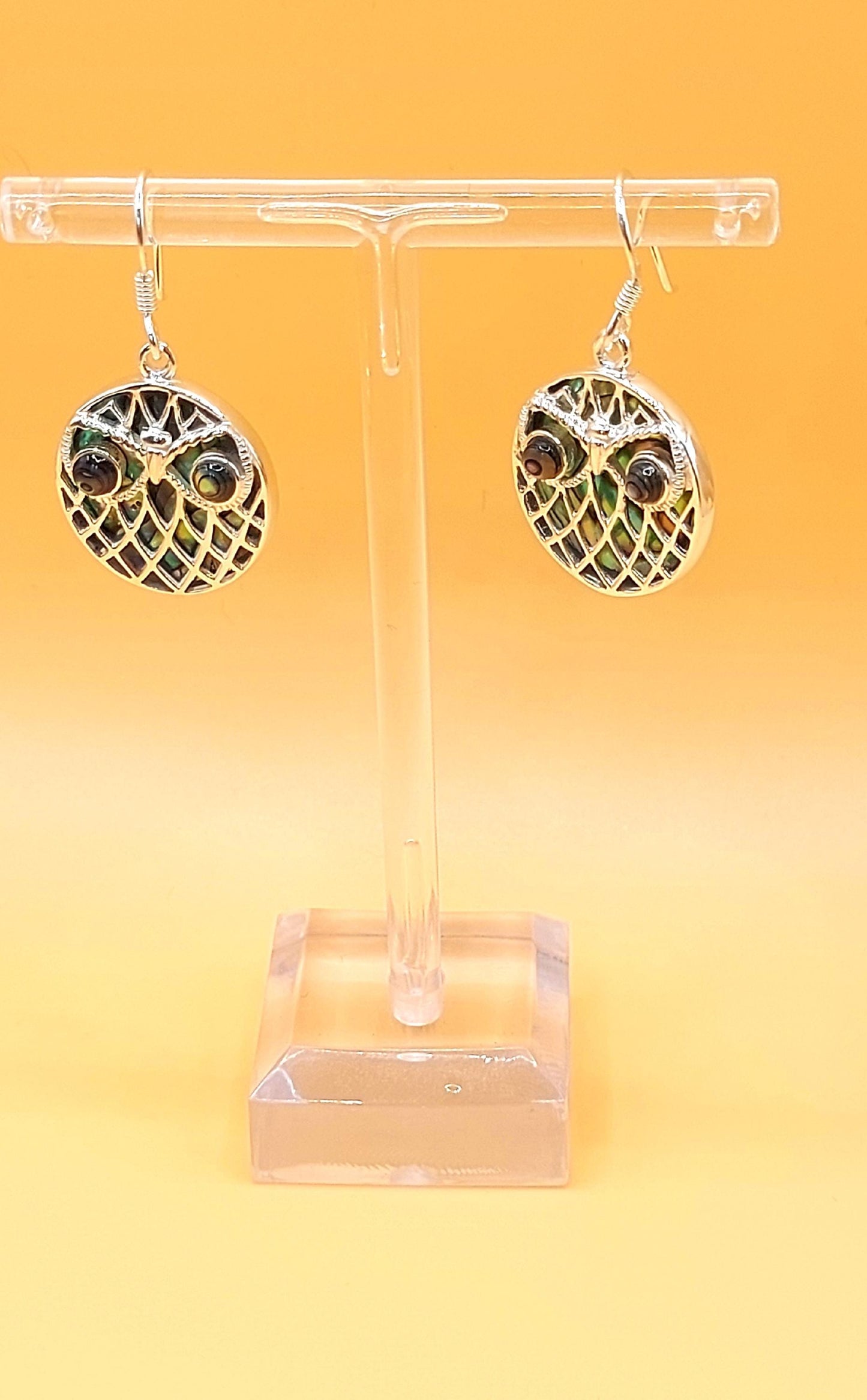 Silver Handmade Inlay Earrings Semi Precious Abalone Shell- Owl