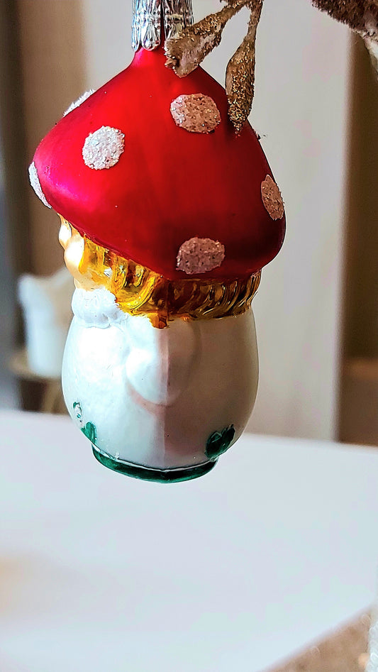Vintage Czech Republic, Glass Blown, Hand Painted Christmas Tree Ornament - Mushroom Child