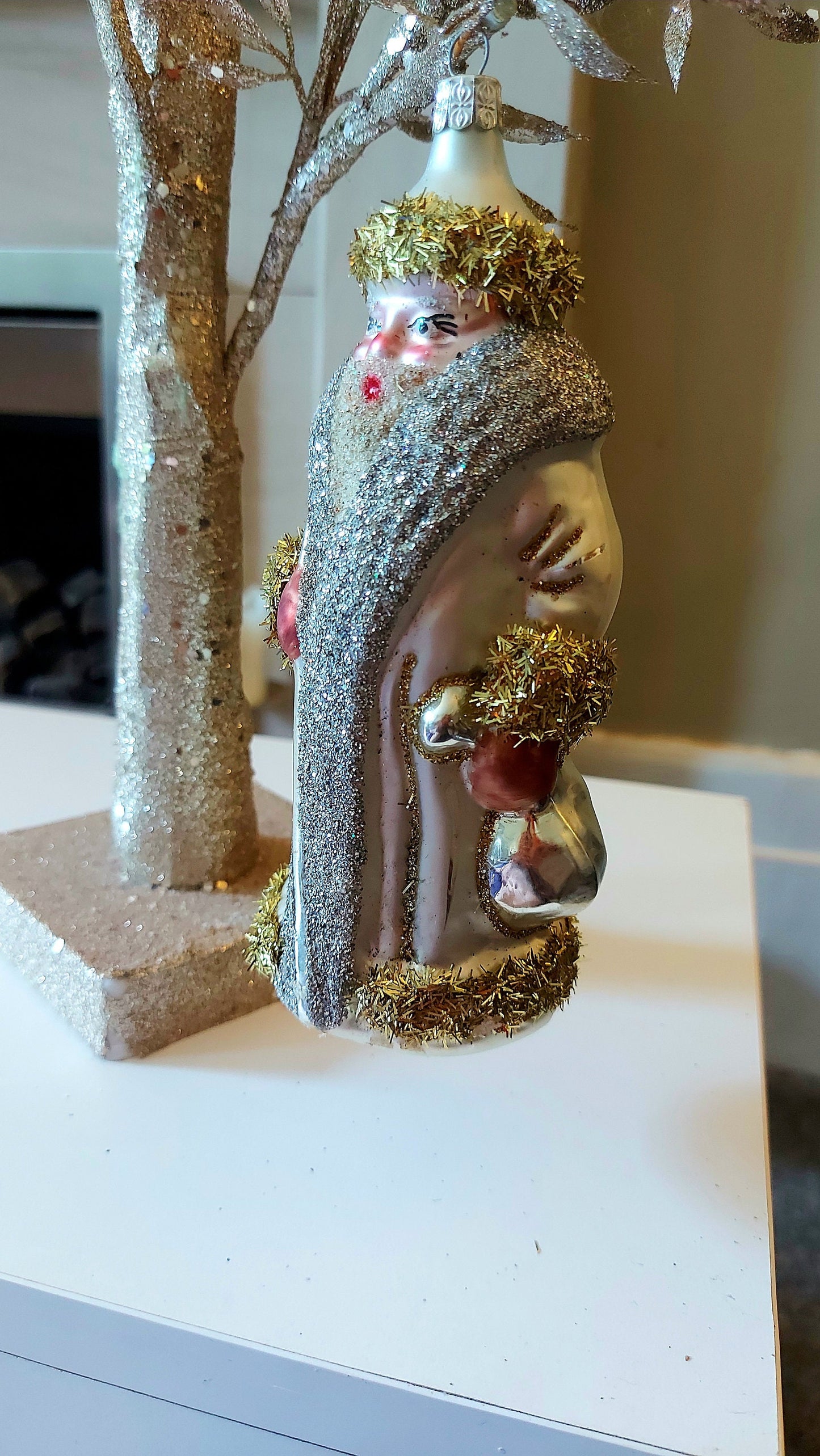 Vintage Czech Republic, Glass Blown, Hand Painted Christmas Tree Ornament - Large Santa Silver/Gold