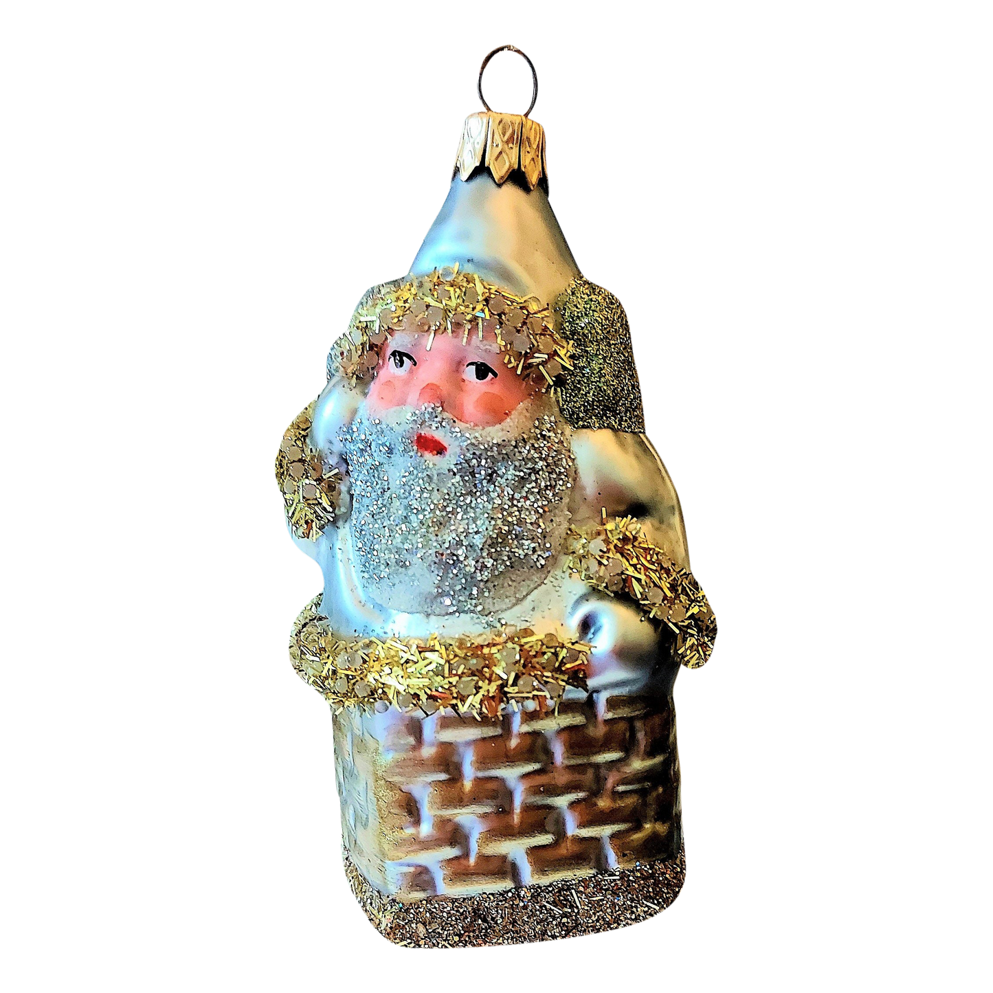 Czech Republic, Glass Blown, Hand Painted Christmas Tree Ornament - Large Santa in Chimney
