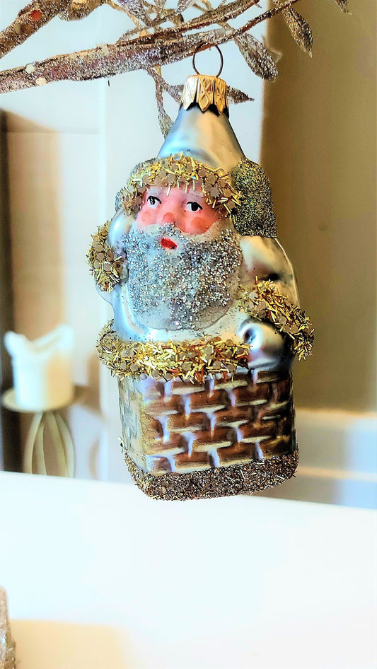 Vintage Czech Republic, Glass Blown, Hand Painted Christmas Tree Ornament - Large Santa in Chimney