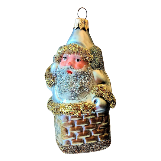 Czech Republic, Glass Blown, Hand Painted Christmas Tree Ornament - Large Santa in Chimney