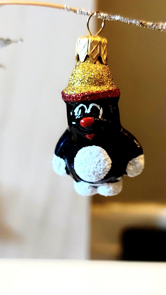 Vintage Czech Republic, Glass Blown, Hand Painted Christmas Tree Ornament - penguin a pair ( x 2 )