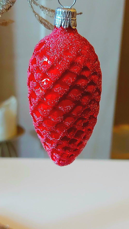 Vintage Czech Republic, Glass Blown, Hand Painted Christmas Tree Ornament -  Large Red Acorn