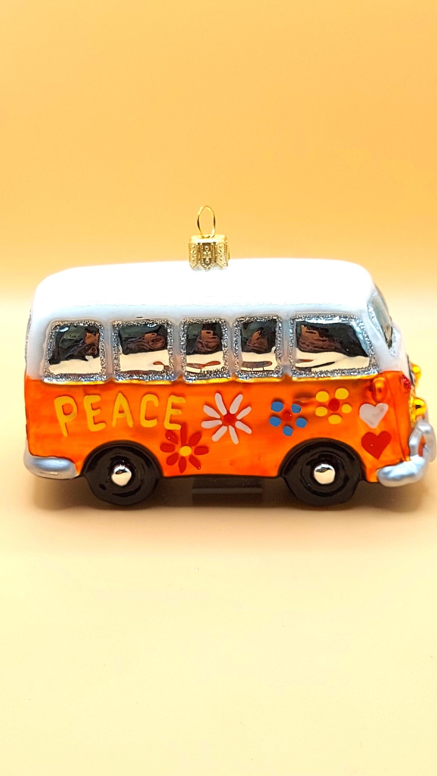 Vintage Czech Republic, Glass Blown, Hand Painted Christmas Tree Ornament - Orange Hippy Bus
