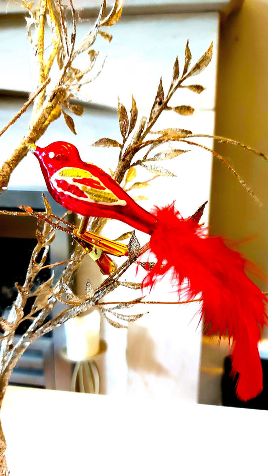 Vintage Czech Republic, Glass Blown, Hand Painted Christmas Tree Ornament - small bird with clip