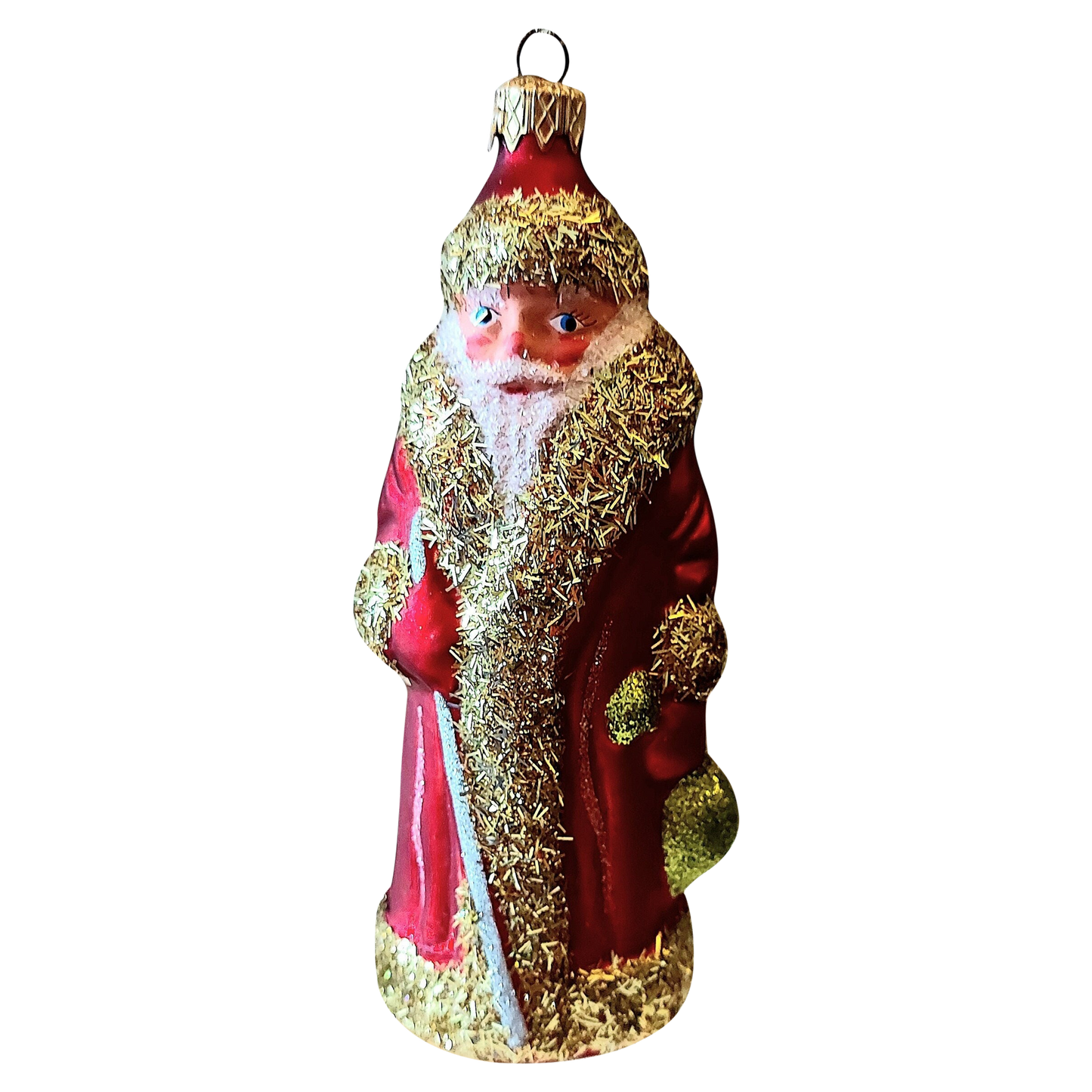 Czech Republic, Glass Blown, Hand Painted Christmas Tree Ornament - Large Santa Red/Gold