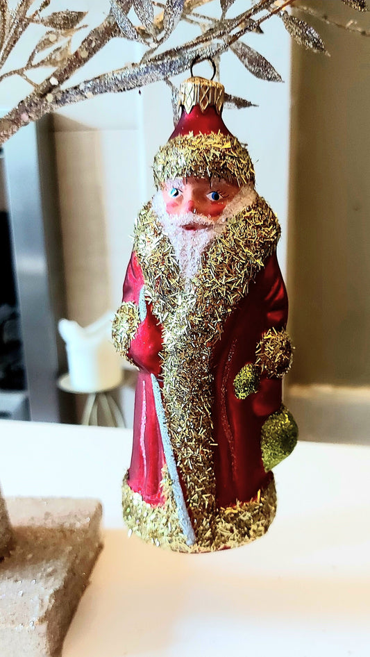 Vintage Czech Republic, Glass Blown, Hand Painted Christmas Tree Ornament - Large Santa Red/Gold