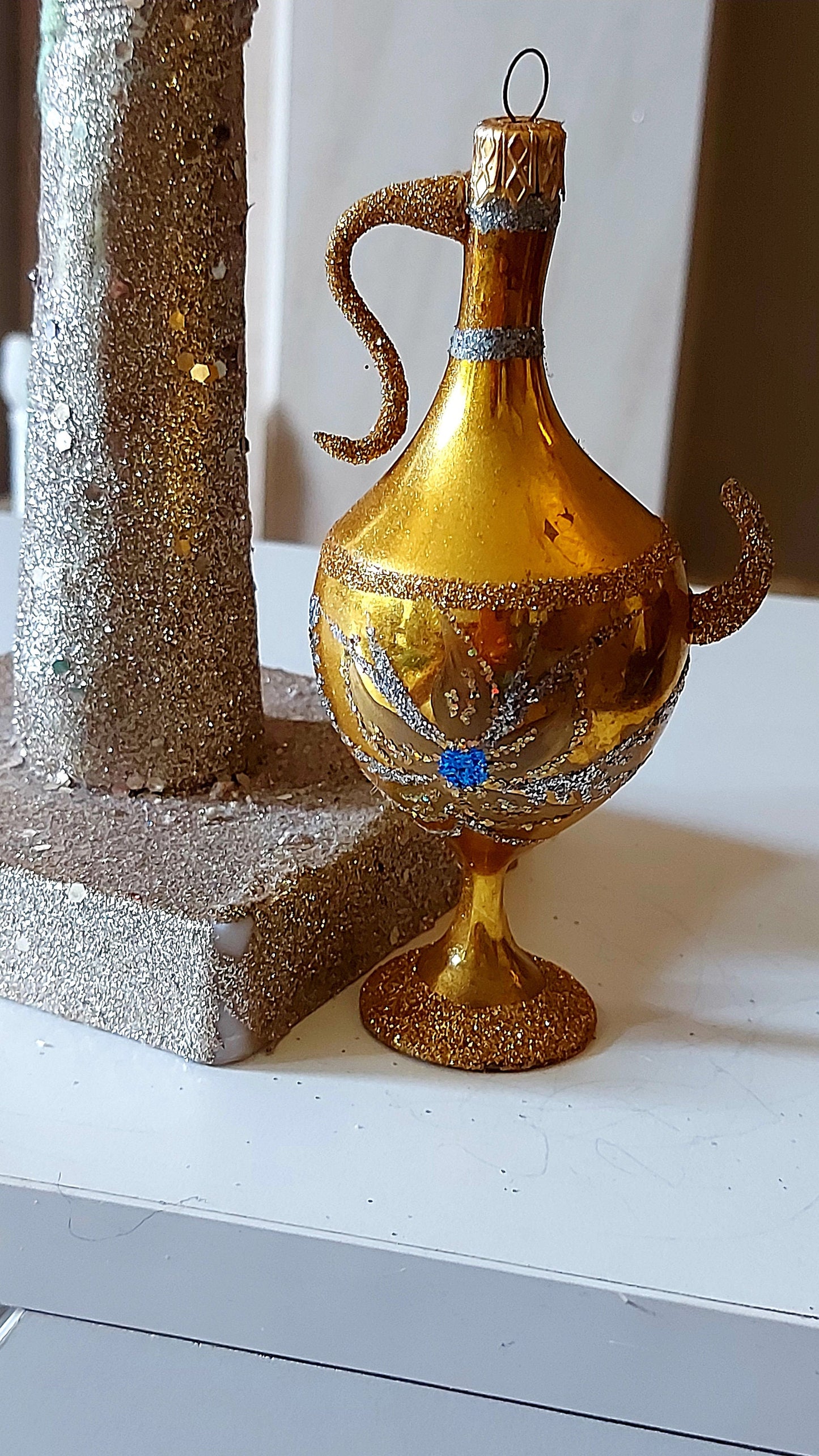Vintage Czech Republic, Glass Blown, Hand Painted Christmas Tree Ornament - Genie Lamp gold/silver
