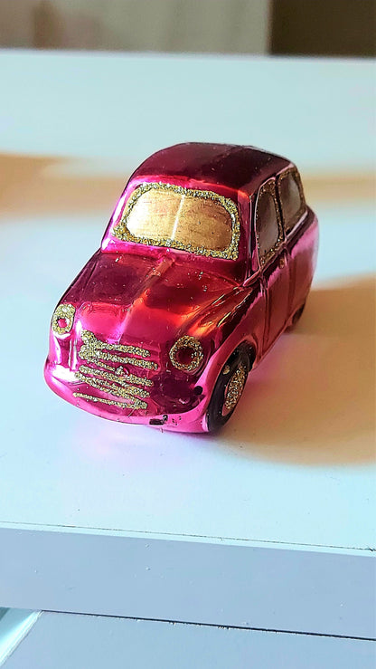 Vintage Czech Republic, Glass Blown, Hand Painted Christmas Tree Ornament - Car