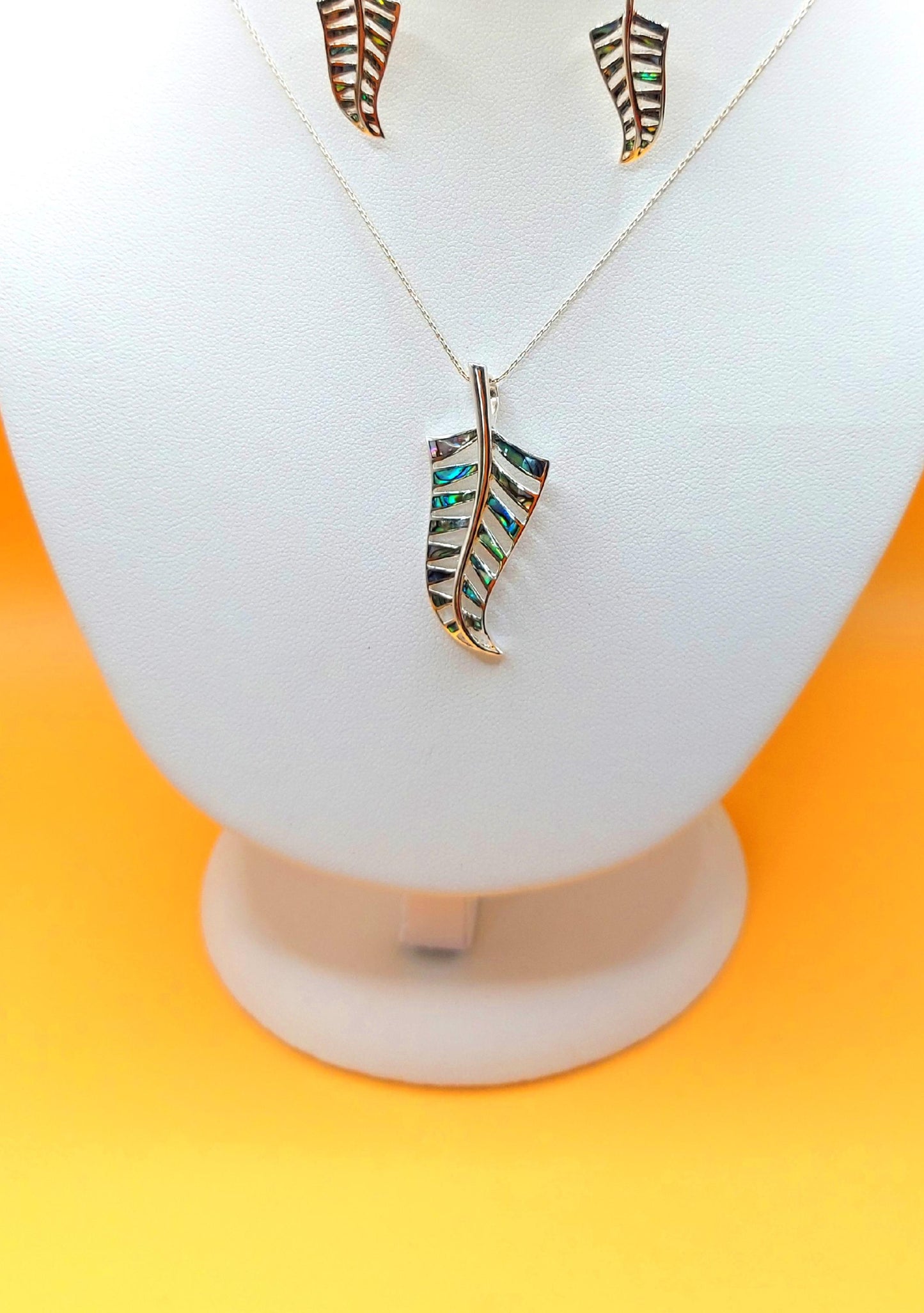 Silver Handmade Inlay Pendant/Earring Set Semi Precious Abalone Shell- Leaf