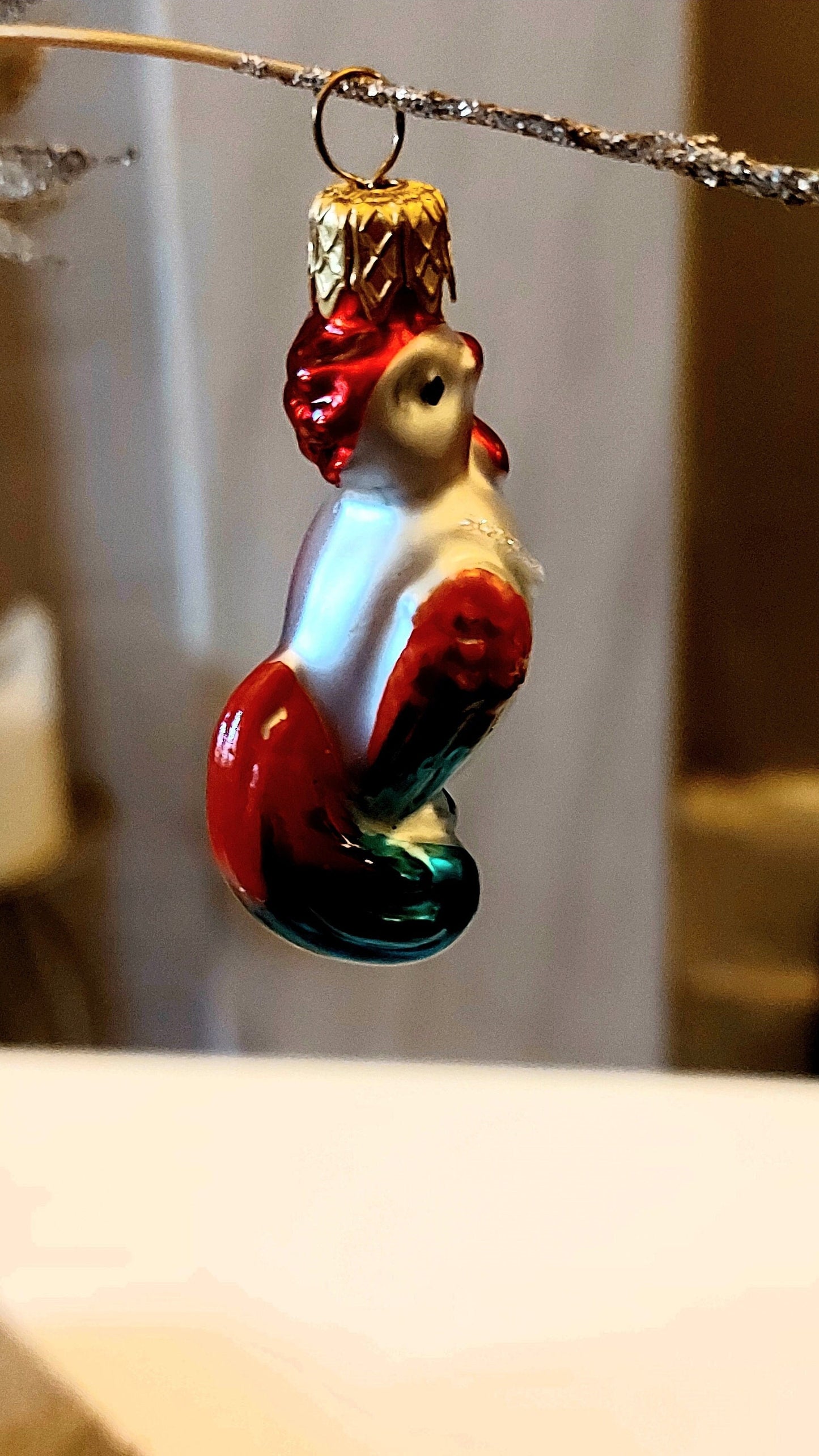 Vintage Czech Republic, Glass Blown, Hand Painted Christmas Tree Ornament - cockerels a pair ( x 2 )