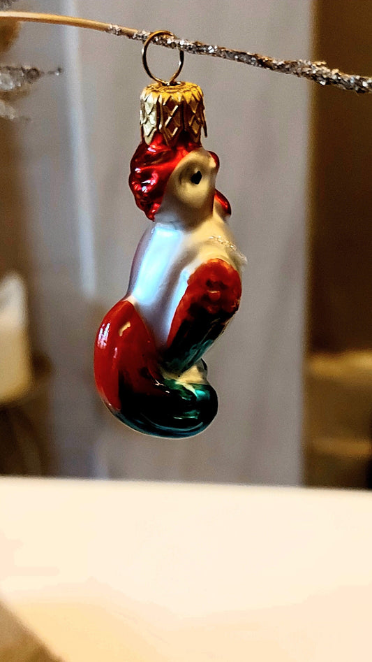 Vintage Czech Republic, Glass Blown, Hand Painted Christmas Tree Ornament - cockerels a pair ( x 2 )