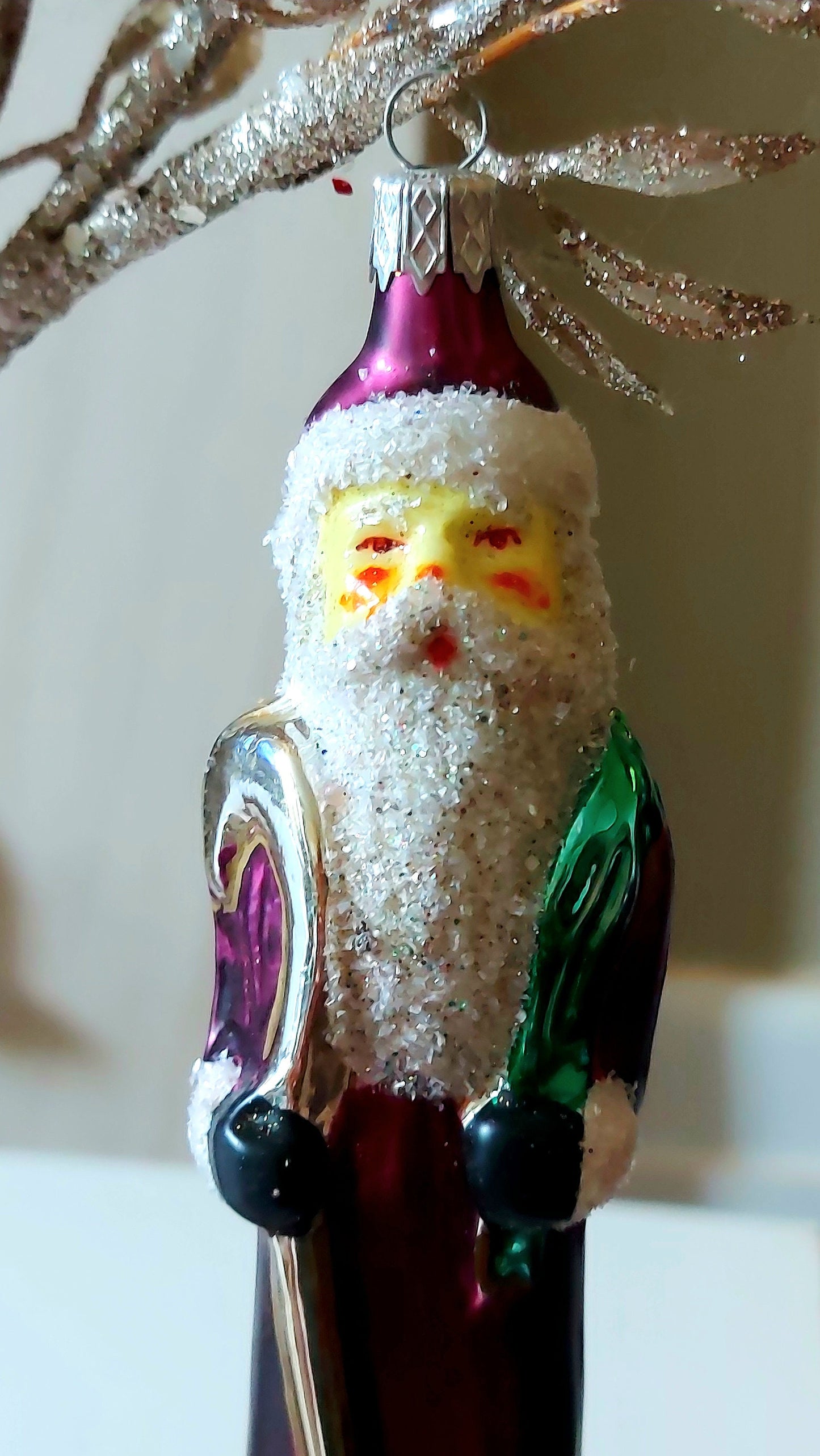 Vintage Czech Republic, Glass Blown, Hand Painted Christmas Tree Ornament - Thin Santa Purple
