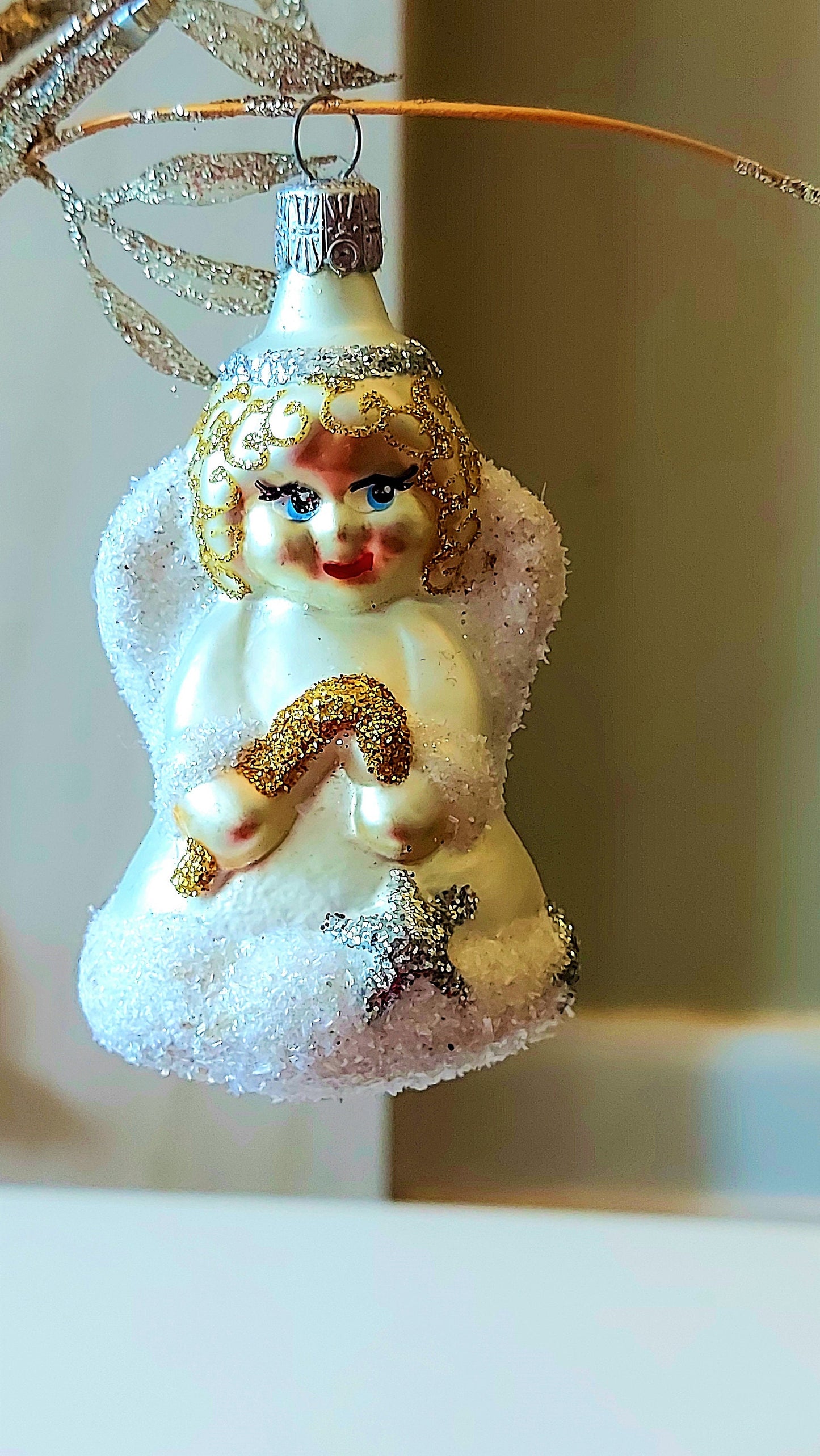 Vintage Czech Republic, Glass Blown, Hand Painted Christmas Tree Ornament - Angel