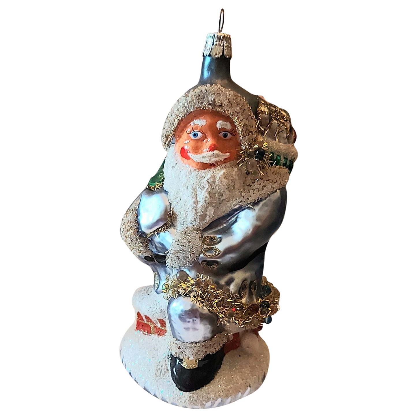 Czech Republic, Glass Blown, Hand Painted Christmas Tree Ornament - Large Santa Chimney Blue