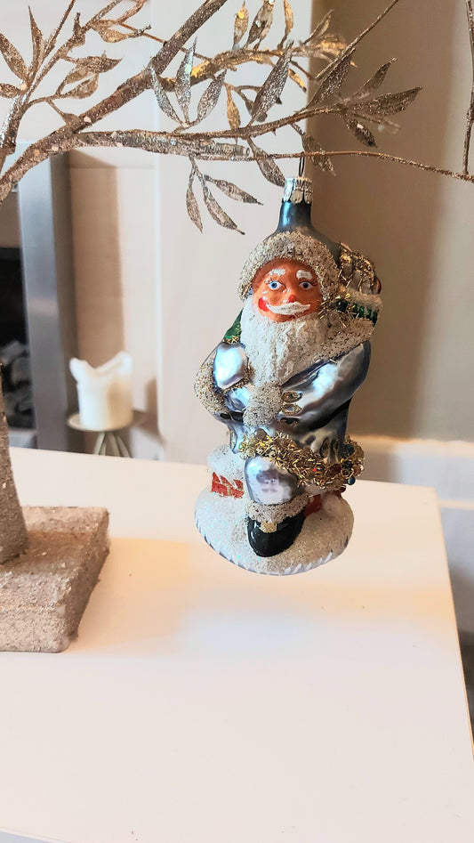 Vintage Czech Republic, Glass Blown, Hand Painted Christmas Tree Ornament - Large Santa Chimney Blue