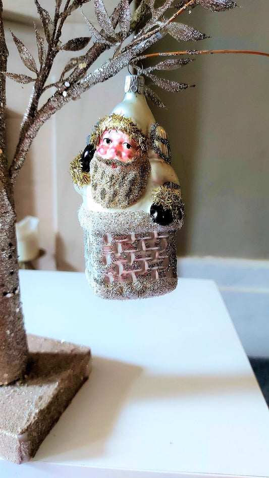 Vintage Czech Republic, Glass Blown, Hand Painted Christmas Tree Ornament - Large Santa in Chimney