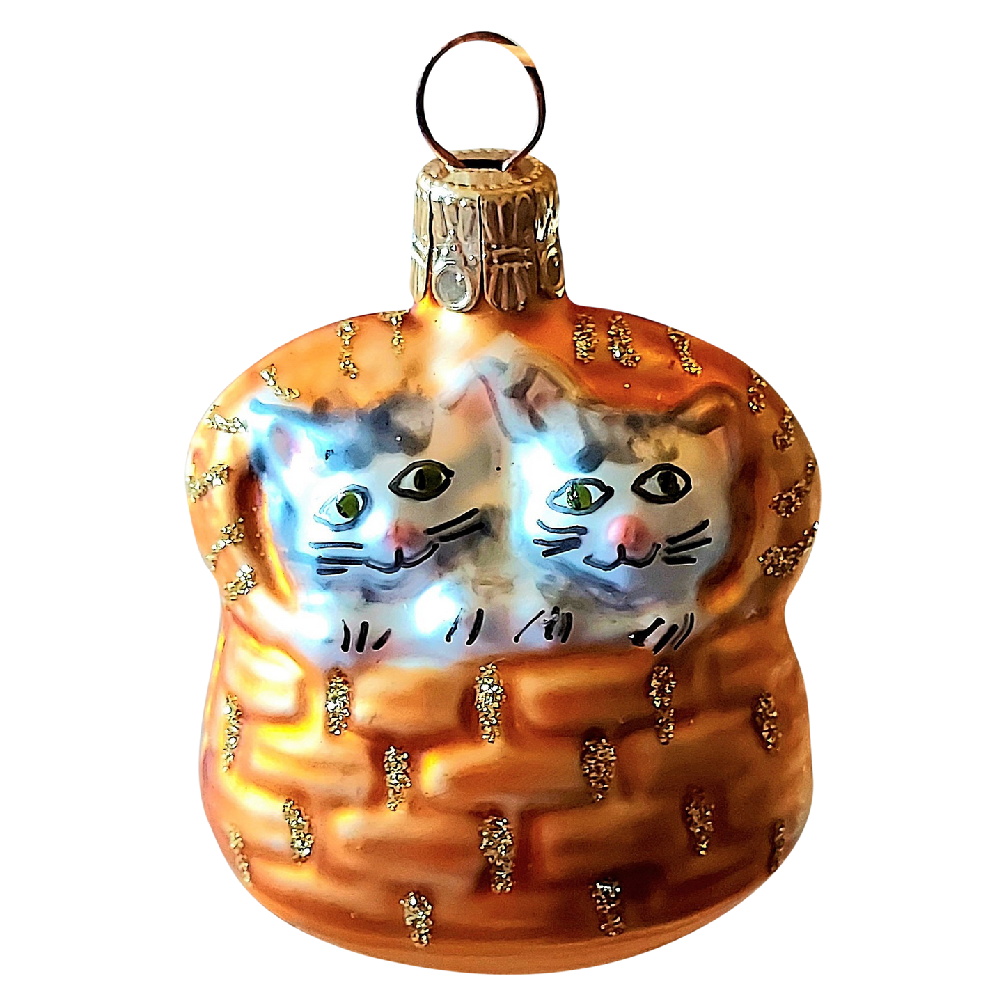 Czech Glass Christmas Ornament: Hand-Painted Cats in Basket (Pair)