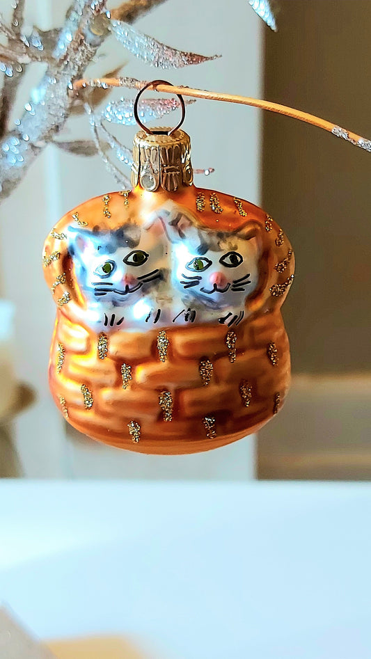 Vintage Czech Glass Christmas Ornament: Hand-Painted Cats in Basket (Pair)