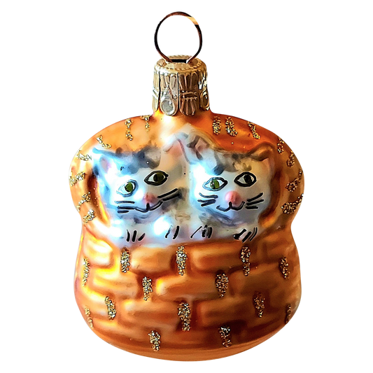 Czech Glass Christmas Ornament: Hand-Painted Cats in Basket (Pair)