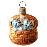 Czech Glass Christmas Ornament: Hand-Painted Cats in Basket (Pair)