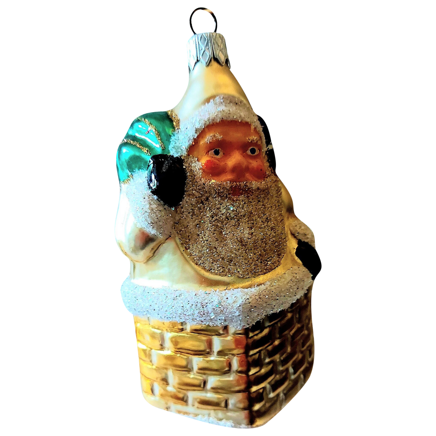 Czech Republic, Glass Blown, Hand Painted Christmas Tree Ornament - Large Santa in Chimney