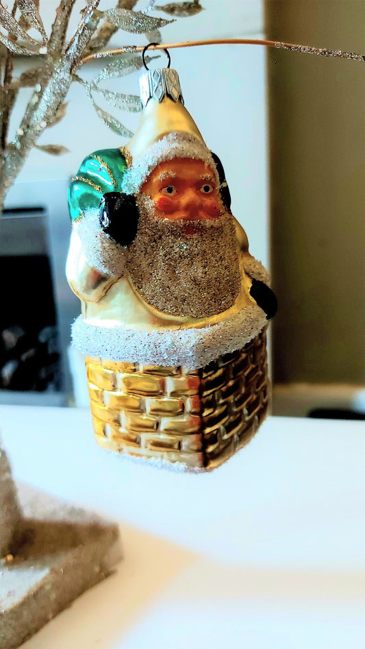 Vintage Czech Republic, Glass Blown, Hand Painted Christmas Tree Ornament - Large Santa in Chimney