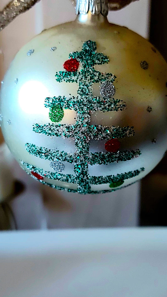 Vintage Czech Republic, Glass Blown, Hand Painted Christmas Tree Ornament decoration - Large Ball Bauble