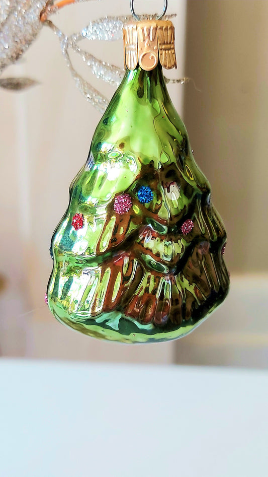 Vintage Czech Republic, Glass Blown, Hand Painted Christmas Tree Ornament - Small Tree ( x 2 )