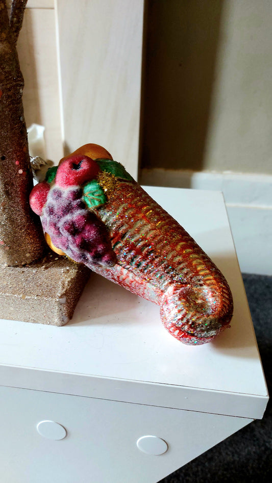 Vintage Czech Republic, Glass Blown, Hand Painted Christmas Tree Ornament - Large Fruit Cone Red