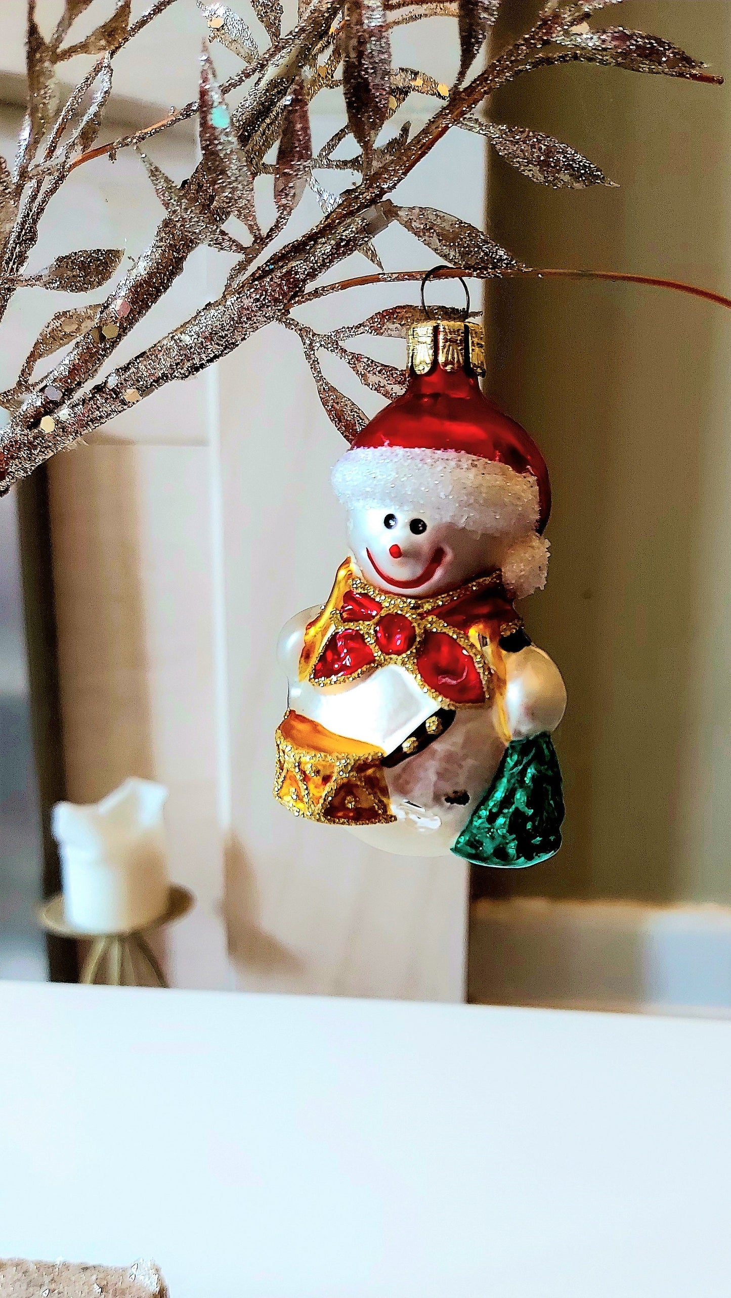 Vintage Czech Republic, Glass Blown, Hand Painted Christmas Tree Ornament - Snowman Drummer