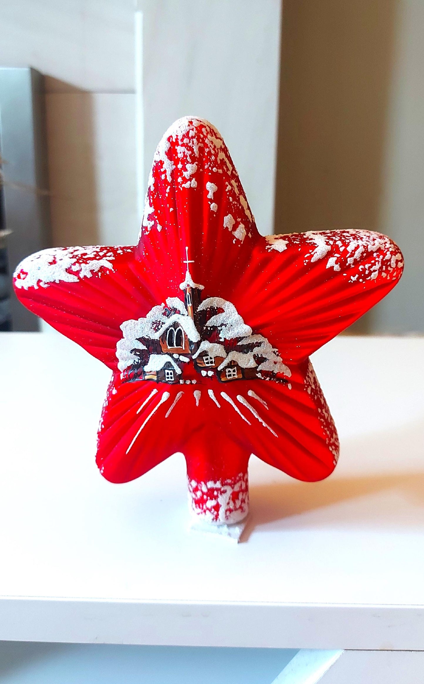 Vintage Czech Republic, Glass Blown, Hand Painted Christmas Tree Ornament - Red Star Tree Topper