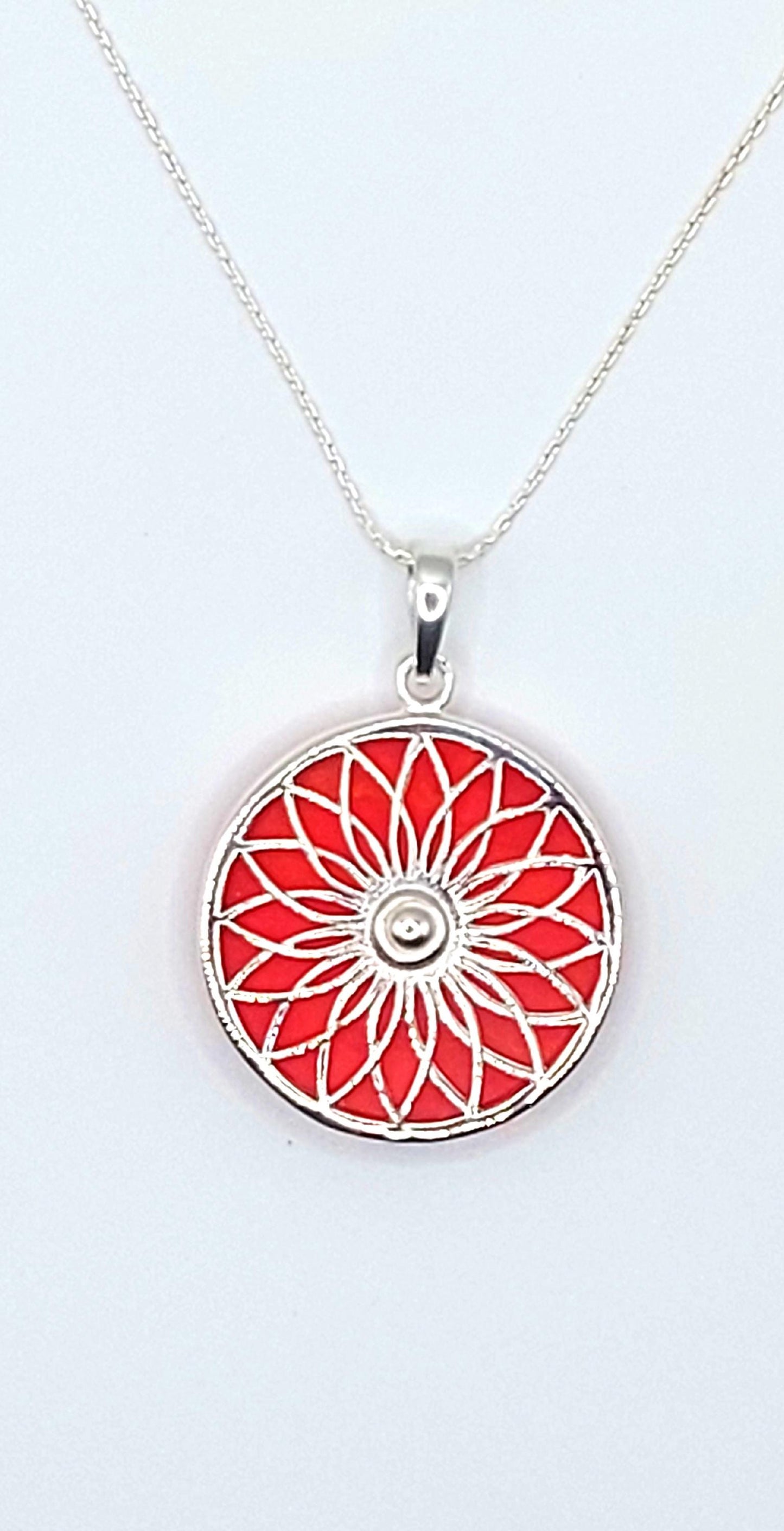 Silver Handmade Inlay Pendant Semi Precious Abalone Shell- Red Circle