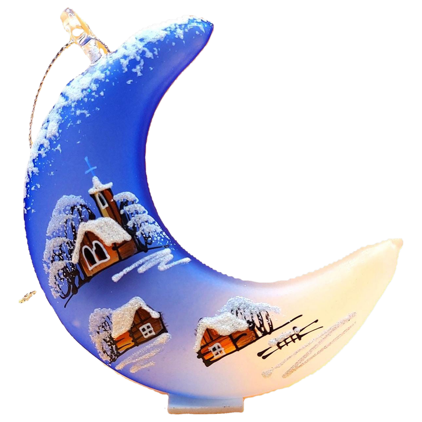 Hand Painted Glass Christmas Ornament: Czech Royal Blue Half Moon