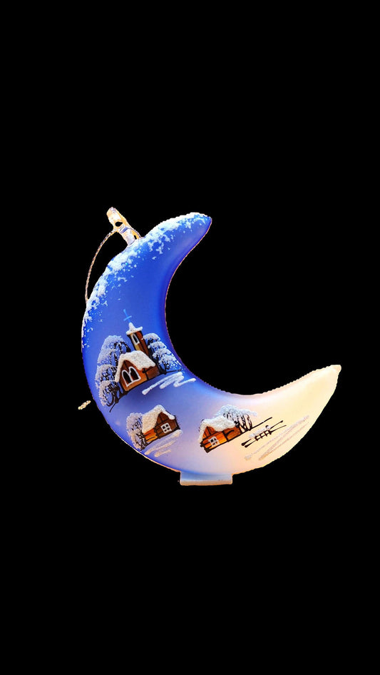 Vintage Hand Painted Glass Christmas Ornament: Czech Royal Blue Half Moon